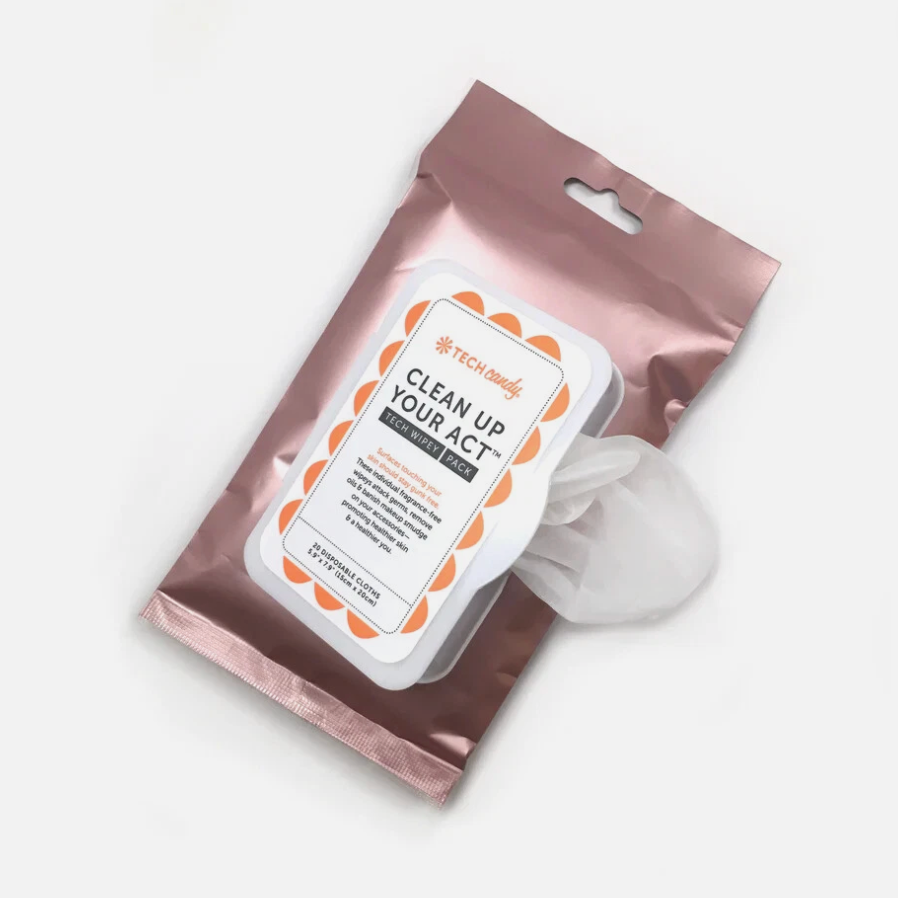 Tech Candy Tech Wipey – single use screen cleaning wipes for phones, tablets, and glasses, perfect for travel. Available at Be Charmed