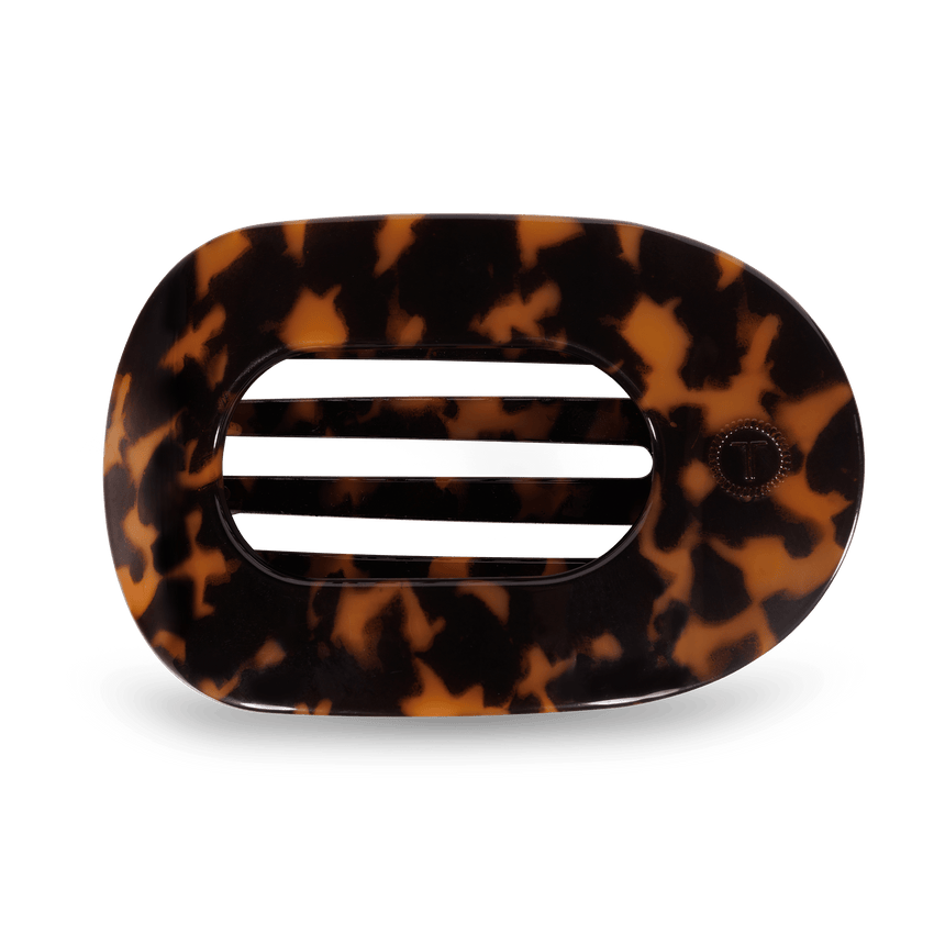 Teleties Flat Round Hair Clip in Tortoise, no-damage classic hair accessory, available at Be Charmed