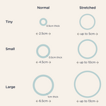 Tetleties hair ties Diagram showing different sizes and thicknesses of circles labeled 'Normal', 'Stretched', 'Tiny', 'Small', and 'Large'.