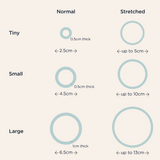 Tetleties hair ties Diagram showing different sizes and thicknesses of circles labeled 'Normal', 'Stretched', 'Tiny', 'Small', and 'Large'.