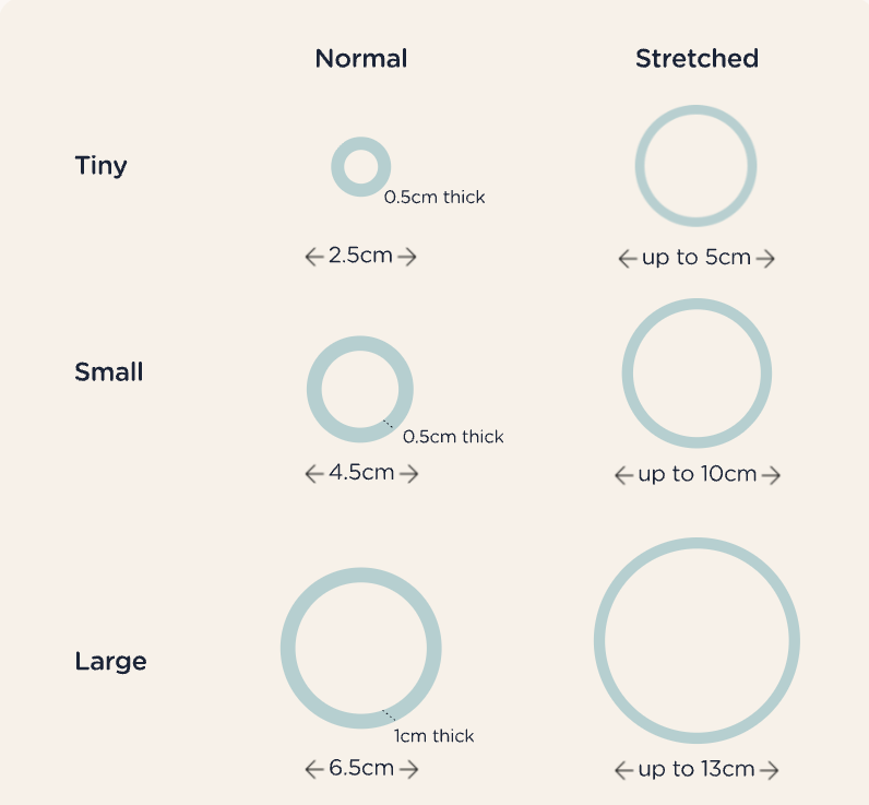 Tetleties hair ties Diagram showing different sizes and thicknesses of circles labeled 'Normal', 'Stretched', 'Tiny', 'Small', and 'Large'.