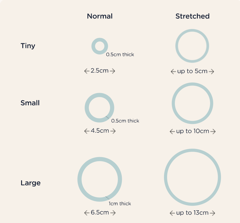 Tetleties hair ties Diagram showing different sizes and thicknesses of circles labeled 'Normal', 'Stretched', 'Tiny', 'Small', and 'Large'.