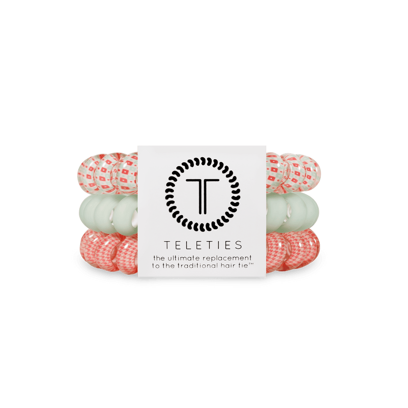 Large Calming Coral Hair Ties by Teleties, strong grip and no-rip hair accessories, available at Be Charmed.