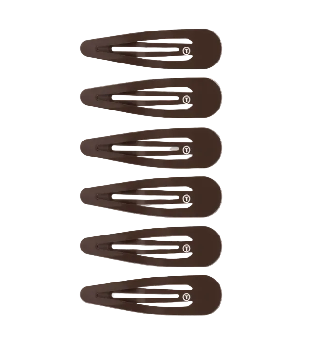 Six Teleties brown snap hair clips arranged vertically on a white background. Available at Be Charmed