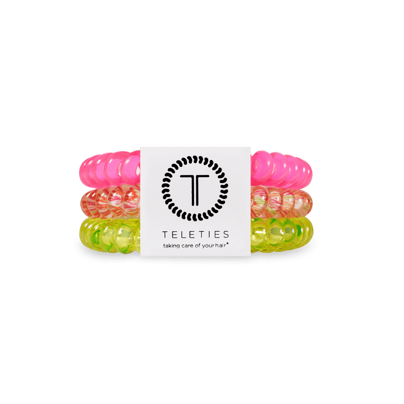 Tropical Punch Teleties Hair Ties with strong grip, waterproof & no crease—available at Be Charmed.