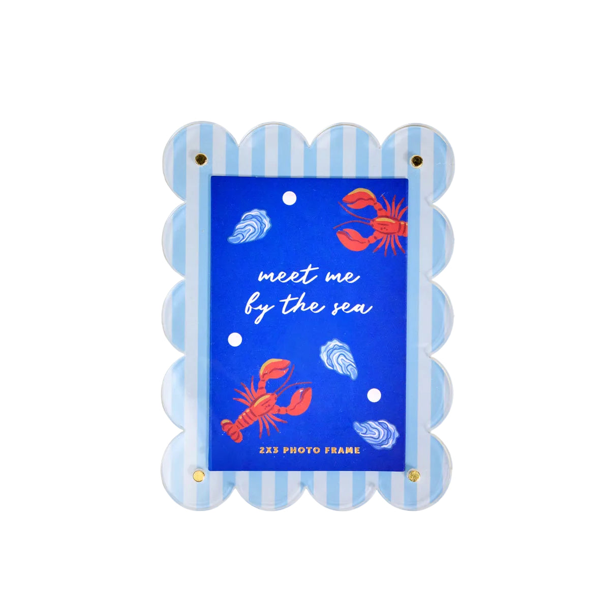 Blue photo frame with lobster design and text 'meet me by the sea' on a beige background. Available at Be Charmed