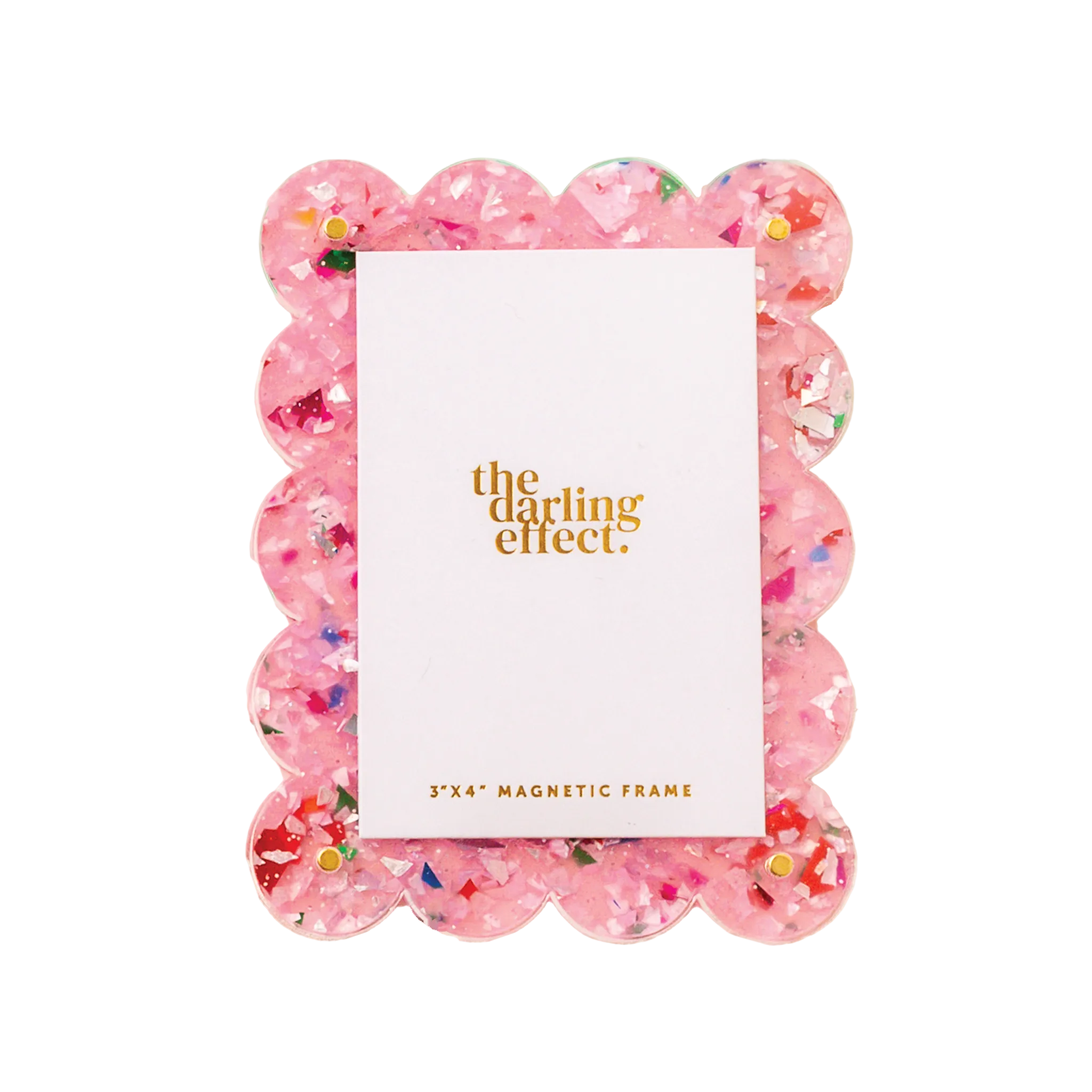 A pinkmini acrylic picture frame with a scalloped border and the brand 'the darling effect' printed at the bottom. Available at Be Charmed