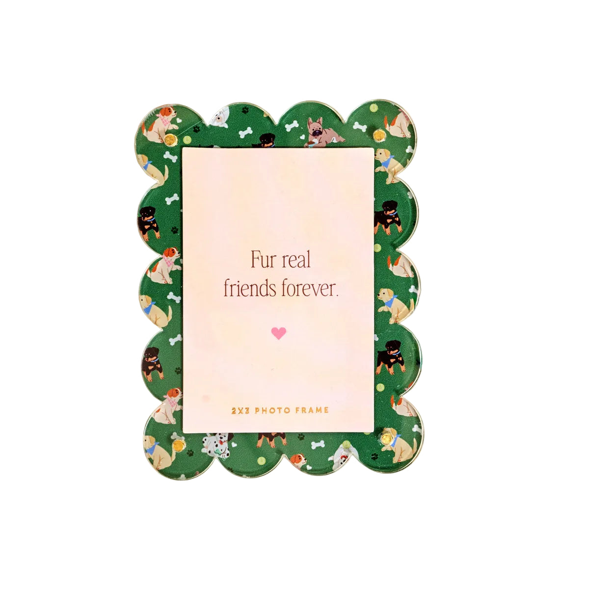 Decorative photo frame with dog illustrations and 'Fur real friends forever' text on a beige background. Available at Be Charmed