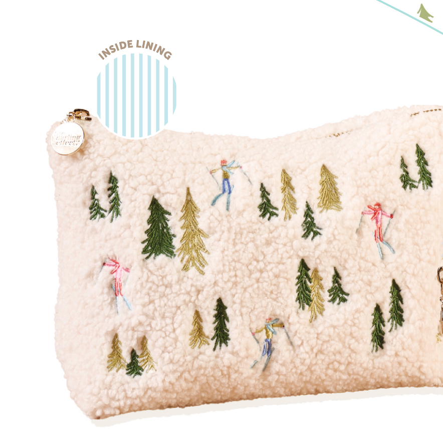 The Darling Effect Teddy Pouch Après Ski – soft sherpa zipper pouch with winter Après Ski design for storing essentials, available at Be Charmed.
