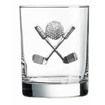 A handcrafted Double Old Fashioned rocks glass embellished with a jeweled rhinestone golf clubs design, available at Be Charmed.
