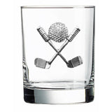 A handcrafted Double Old Fashioned rocks glass embellished with a jeweled rhinestone golf clubs design, available at Be Charmed.