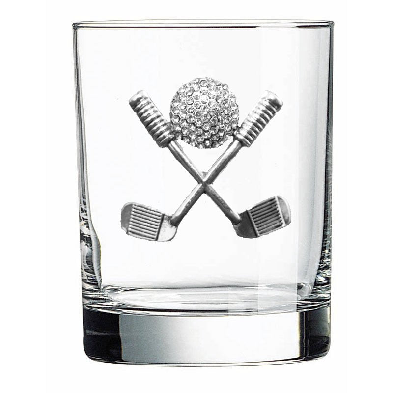 A handcrafted Double Old Fashioned rocks glass embellished with a jeweled rhinestone golf clubs design, available at Be Charmed.