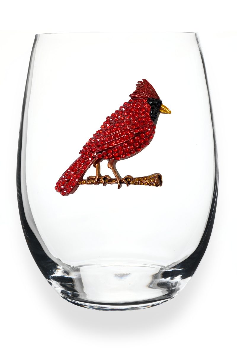 A premium handcrafted stemless wine glass featuring a sparkling jeweled rhinestone cardinal design, available at Be Charmed.