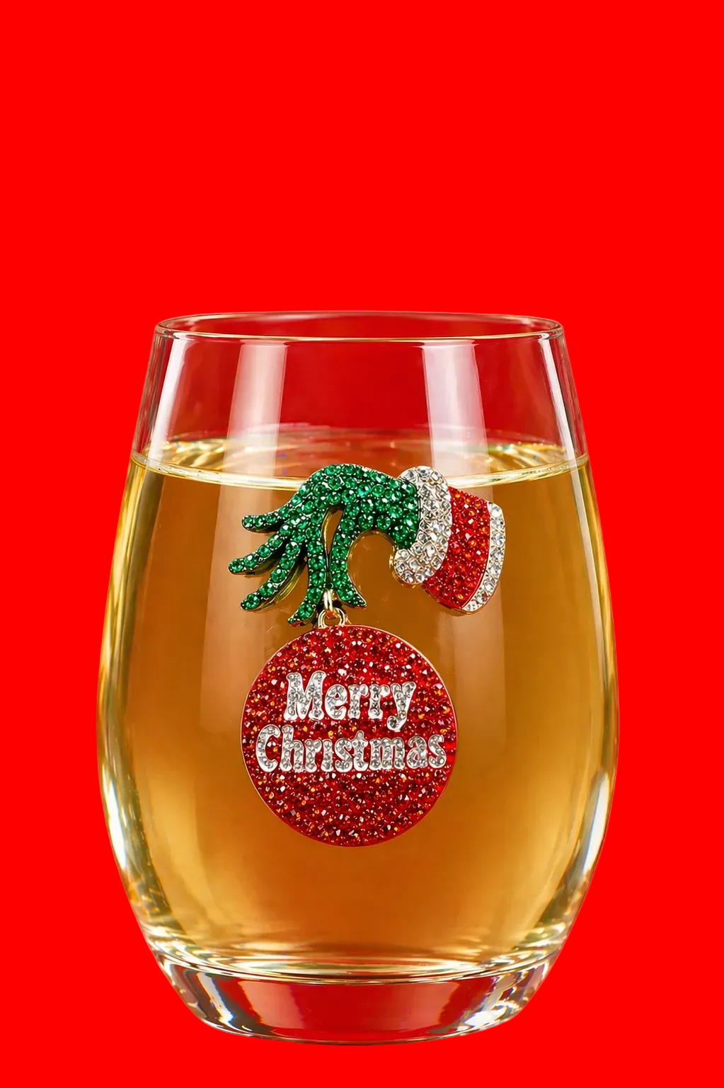 A premium handcrafted stemless wine glass featuring a sparkling jeweled rhinestone grumpy Christmas holiday design, available at Be Charmed.