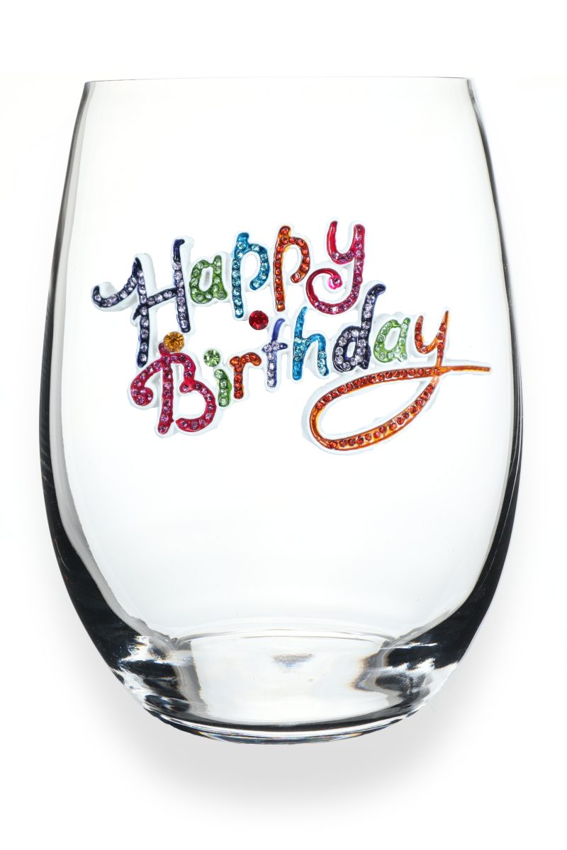 A premium handcrafted stemless wine glass featuring a sparkling jeweled rhinestone Happy Birthday design, available at Be Charmed.