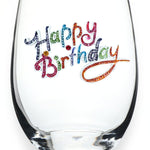 A premium handcrafted stemless wine glass featuring a sparkling jeweled rhinestone Happy Birthday design, available at Be Charmed.