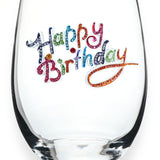 A premium handcrafted stemless wine glass featuring a sparkling jeweled rhinestone Happy Birthday design, available at Be Charmed.