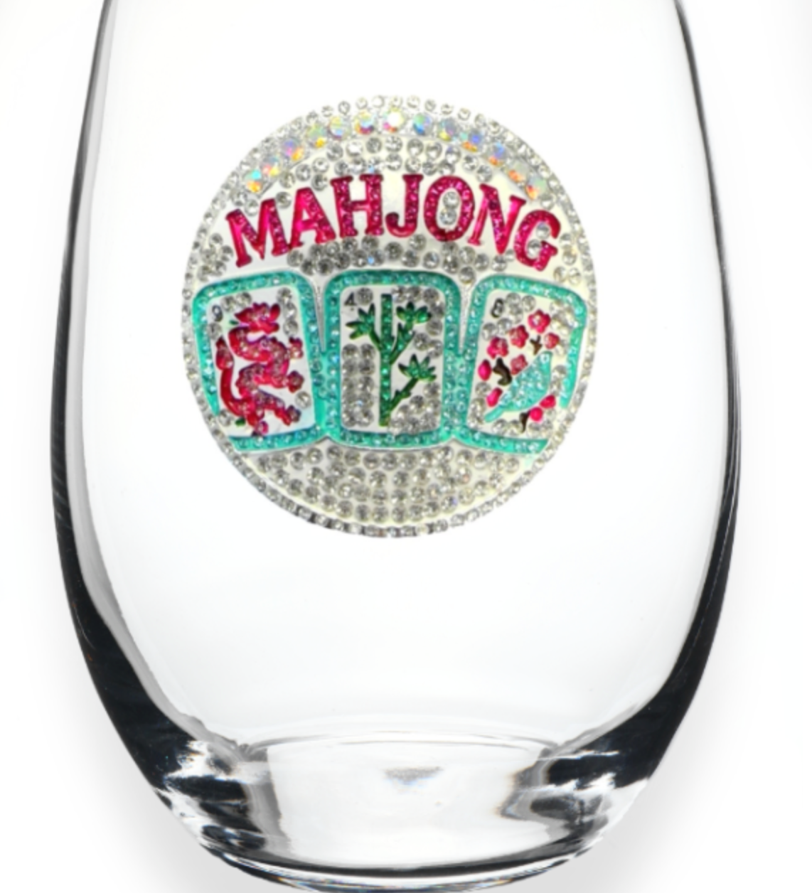 A premium handcrafted stemless wine glass featuring an elegant jeweled rhinestone Mahjong design, available at Be Charmed.