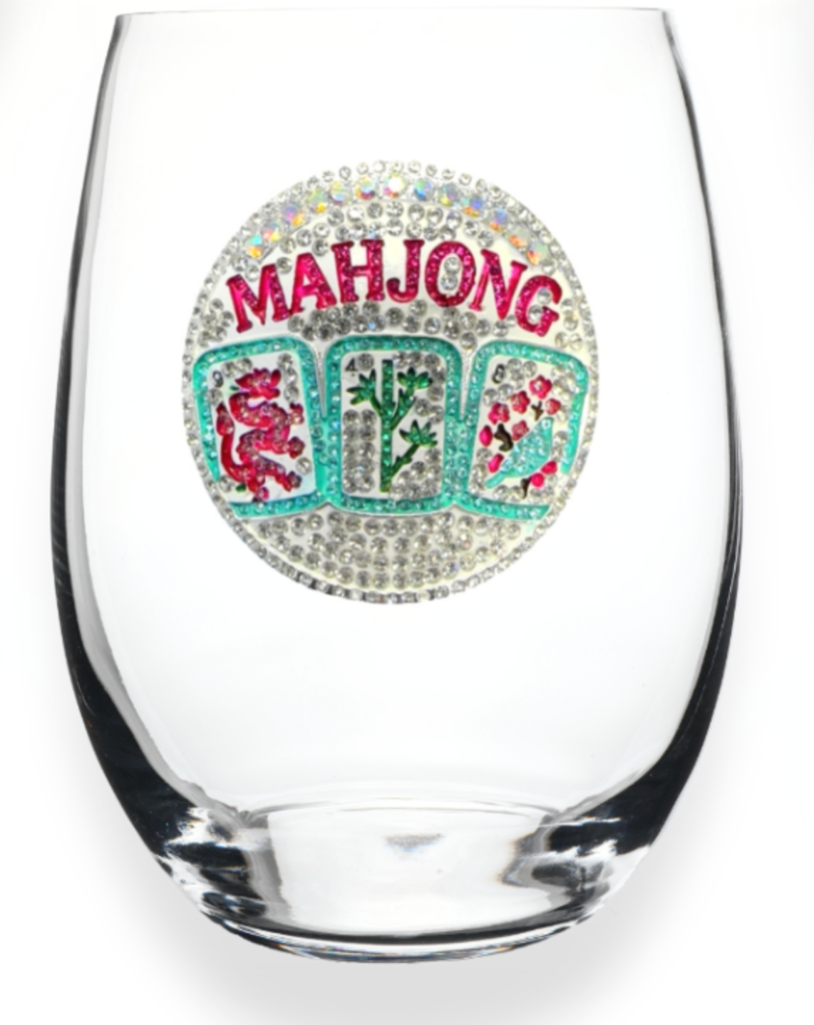 A premium handcrafted stemless wine glass featuring an elegant jeweled rhinestone Mahjong design, available at Be Charmed.
