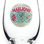 A premium handcrafted stemless wine glass featuring an elegant jeweled rhinestone Mahjong design, available at Be Charmed.