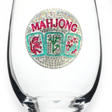 A premium handcrafted stemless wine glass featuring an elegant jeweled rhinestone Mahjong design, available at Be Charmed.
