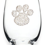 A premium handcrafted stemless wine glass featuring a sparkling jeweled rhinestone paw print design, available at Be Charmed.
