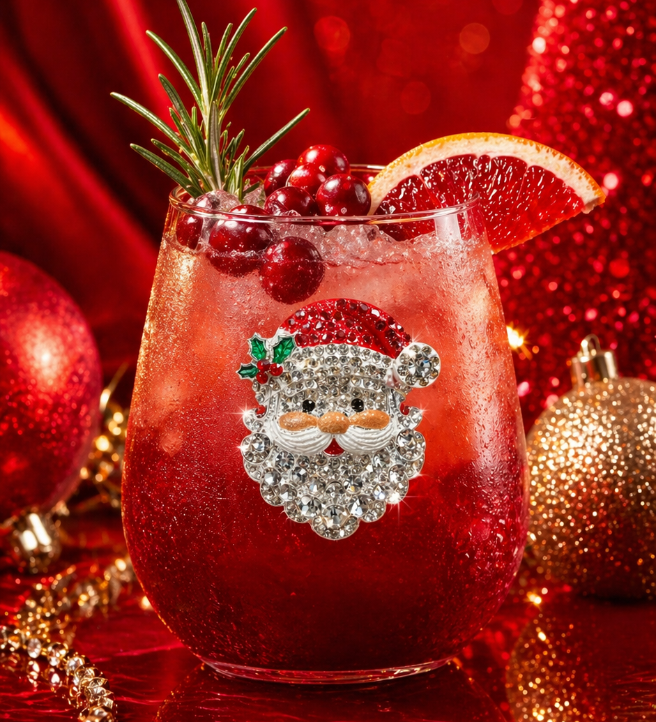A premium handcrafted stemless wine glass featuring a sparkling jeweled rhinestone Santa Claus design, available at Be Charmed.