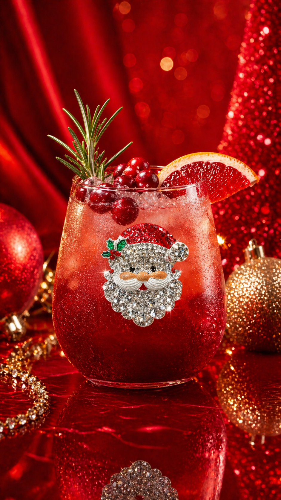A premium handcrafted stemless wine glass featuring a sparkling jeweled rhinestone Santa Claus design, available at Be Charmed.