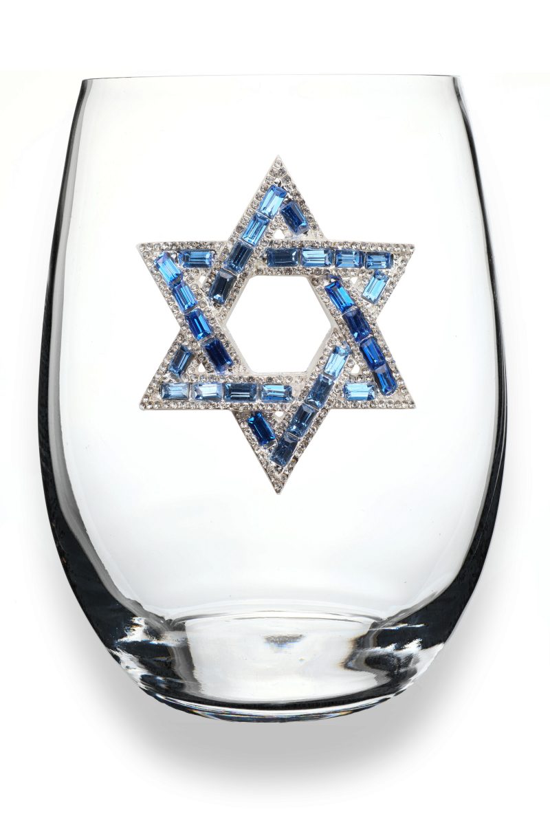 A premium handcrafted stemless wine glass featuring a sparkling jeweled rhinestone Star of David design, available at Be Charmed.