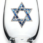 A premium handcrafted stemless wine glass featuring a sparkling jeweled rhinestone Star of David design, available at Be Charmed.