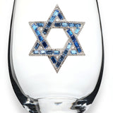 A premium handcrafted stemless wine glass featuring a sparkling jeweled rhinestone Star of David design, available at Be Charmed.