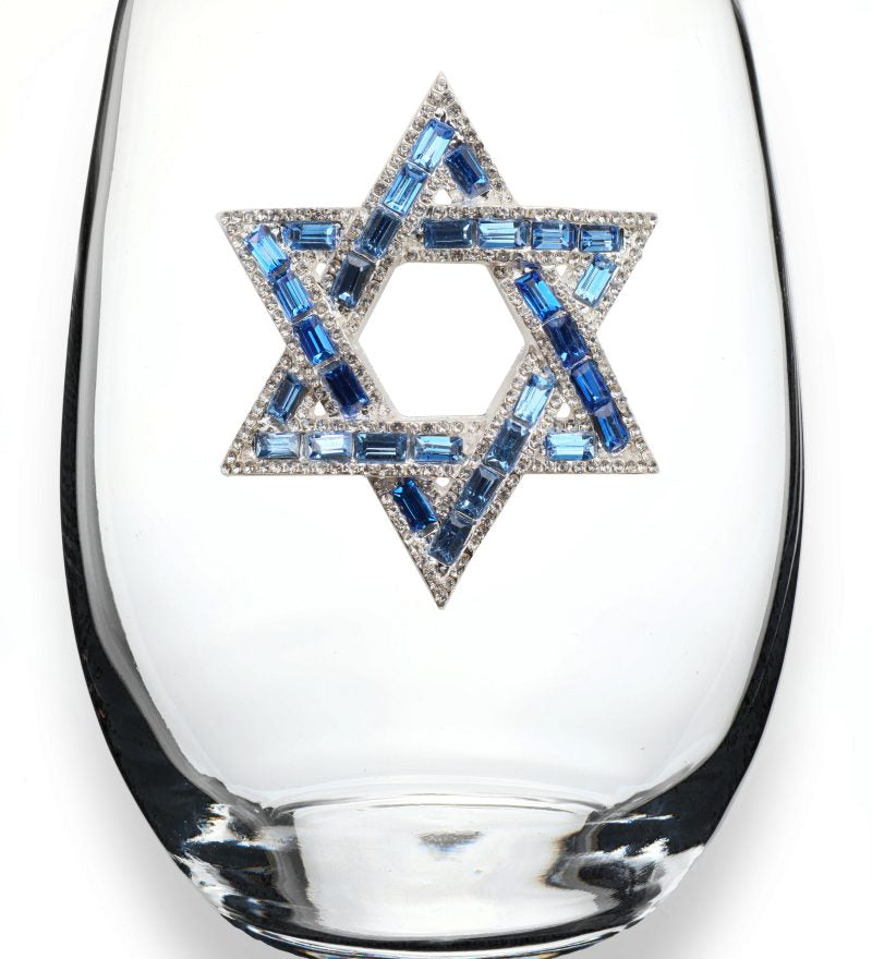 A premium handcrafted stemless wine glass featuring a sparkling jeweled rhinestone Star of David design, available at Be Charmed.