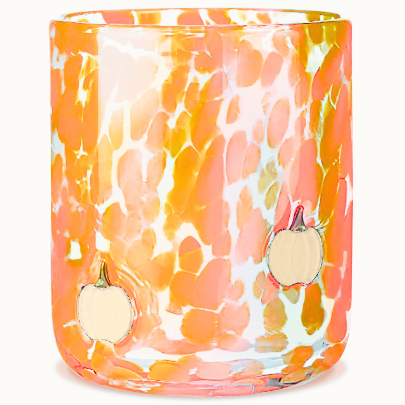 Decorative glass candle holder with orange pumpkins and pattern on a white background. Available at Be Charmed