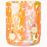 Decorative glass candle holder with orange pumpkins and pattern on a white background. Available at Be Charmed