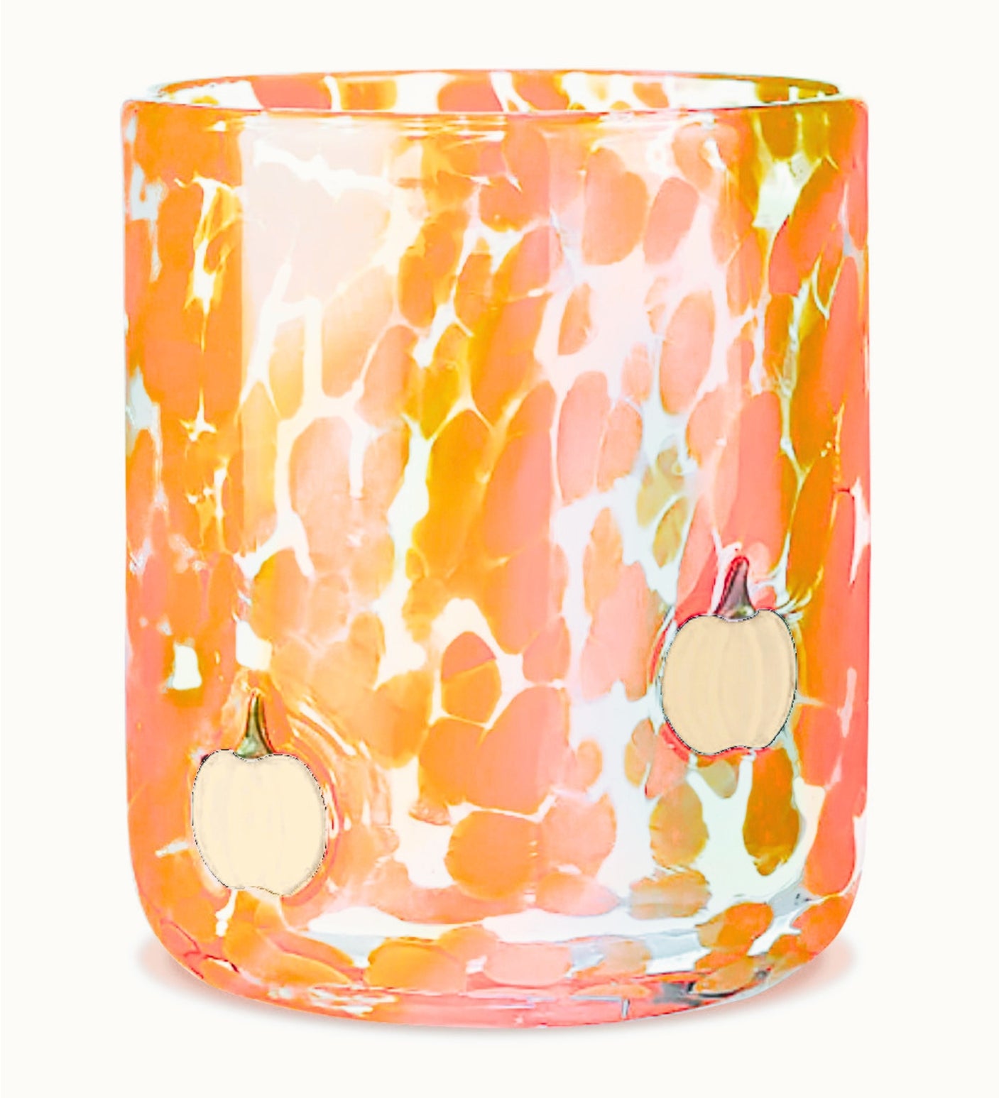Decorative glass candle holder with orange pumpkins and pattern on a white background. Available at Be Charmed