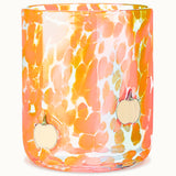 Decorative glass candle holder with orange pumpkins and pattern on a white background. Available at Be Charmed