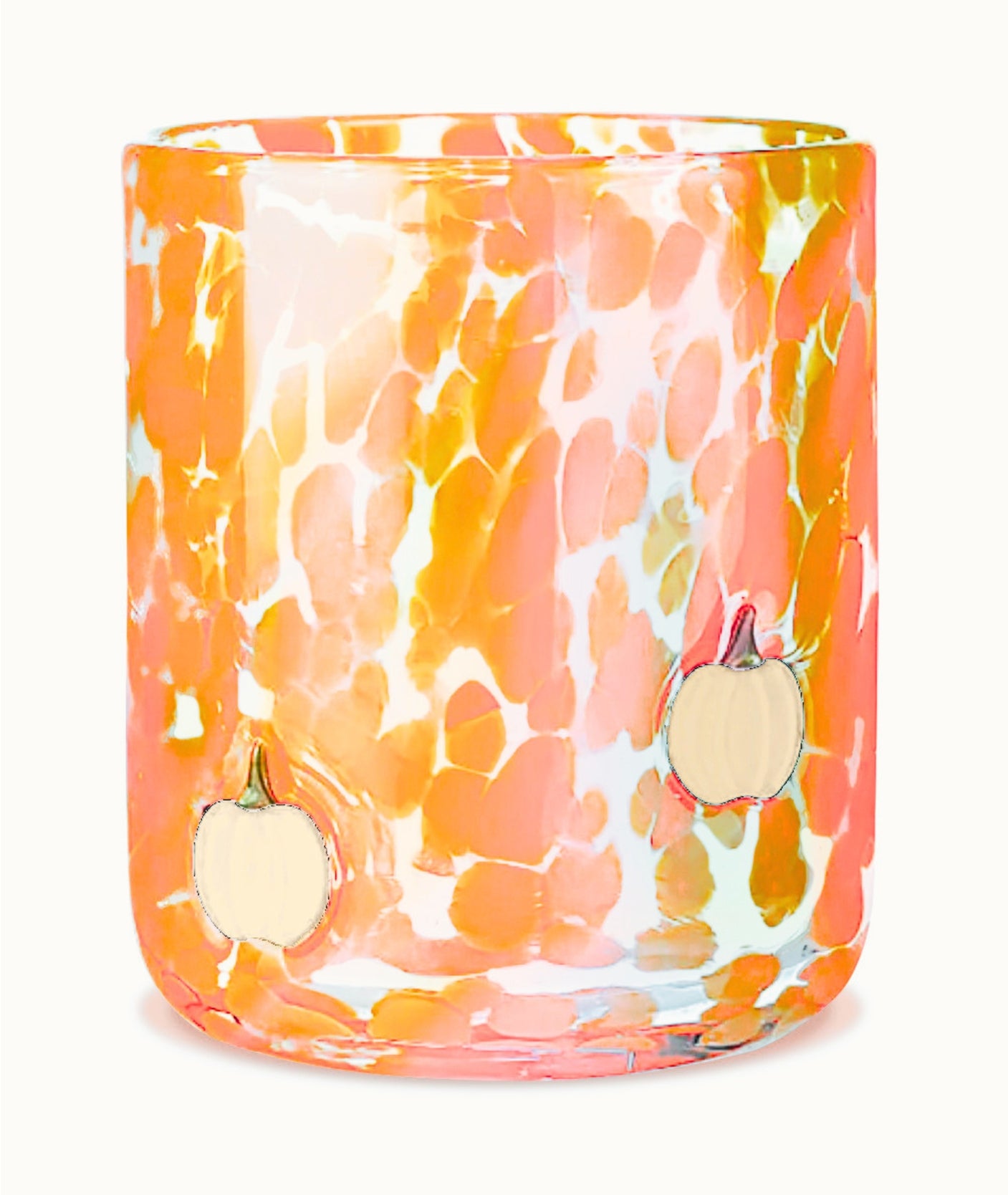 Decorative glass candle holder with orange pumpkins and pattern on a white background. Available at Be Charmed