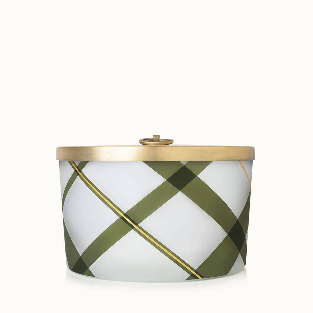 Thymes Frasier Fir Frosted Plaid 3-Wick Candle with festive holiday scent – Available at Be Charmed