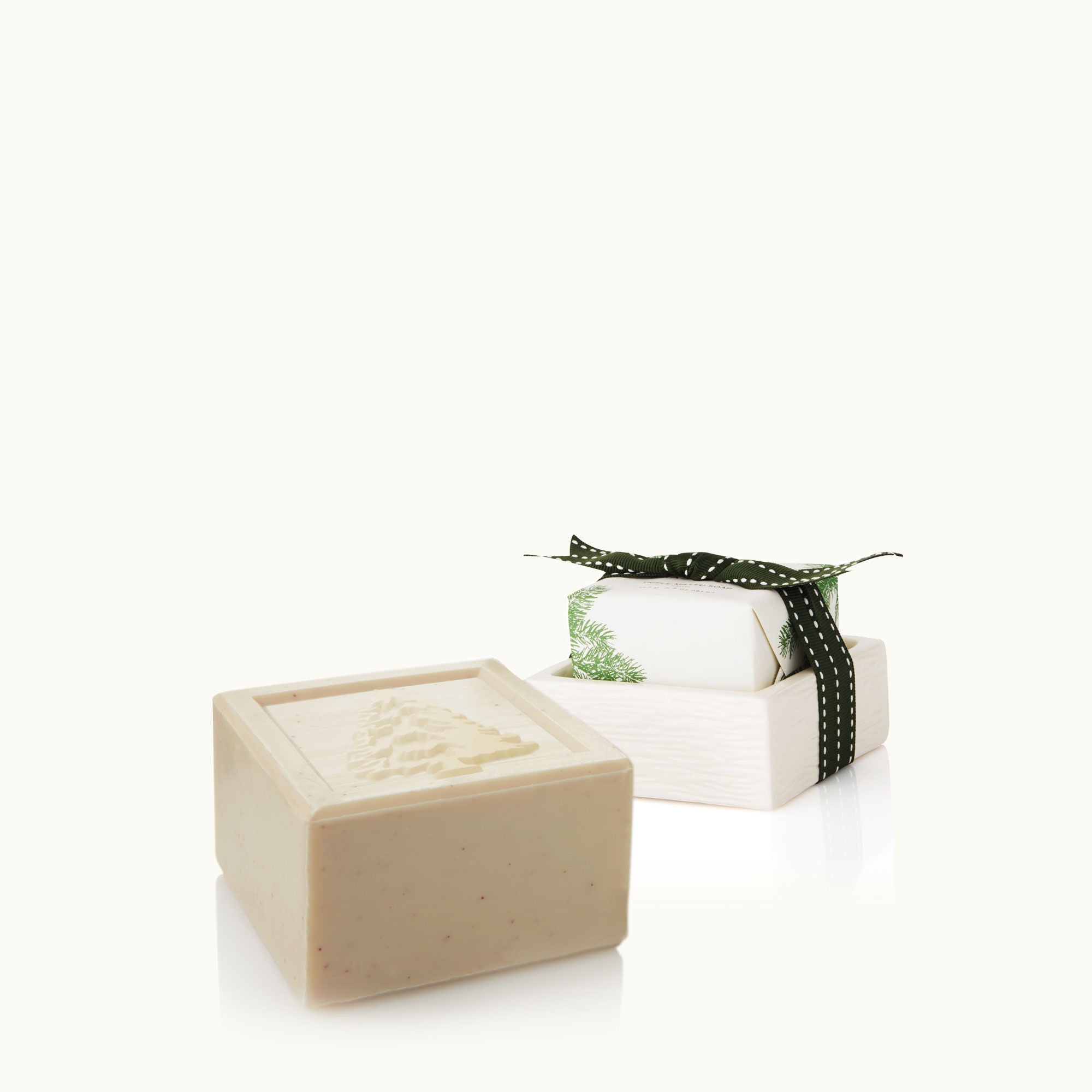Thymes Frasier Fir Bar Soap and Dish Set with fresh pine scent. Available at Be Charmed.