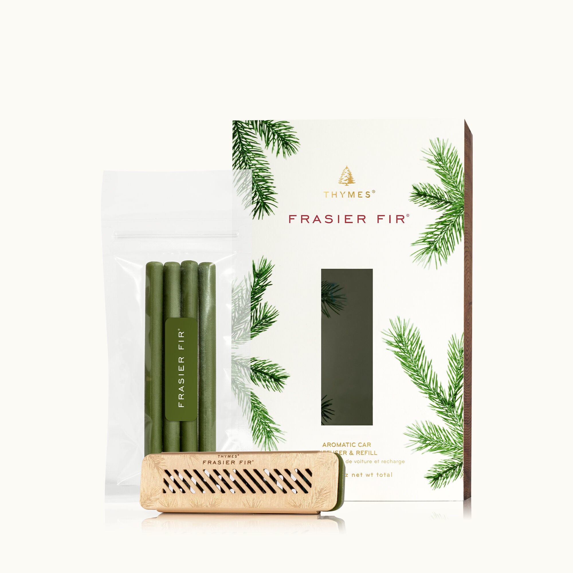 Thymes Frasier Fir Car Diffuser Kit with fresh pine scent. Available at Be Charmed.