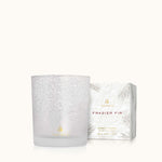 Thymes Frasier Fir Flocked 6.5 oz Poured Candle with festive pine fragrance and decorative flocked design. Available at Be Charmed.