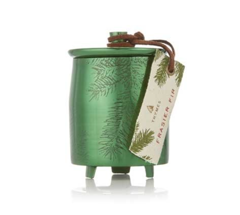 Thymes Frasier Fir Green Metal Tin Candle with fresh pine fragrance, available at Be Charmed.