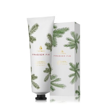 Thymes Frasier Fir Petite Hand Cream with nourishing formula and festive pine scent. Available at Be Charmed.