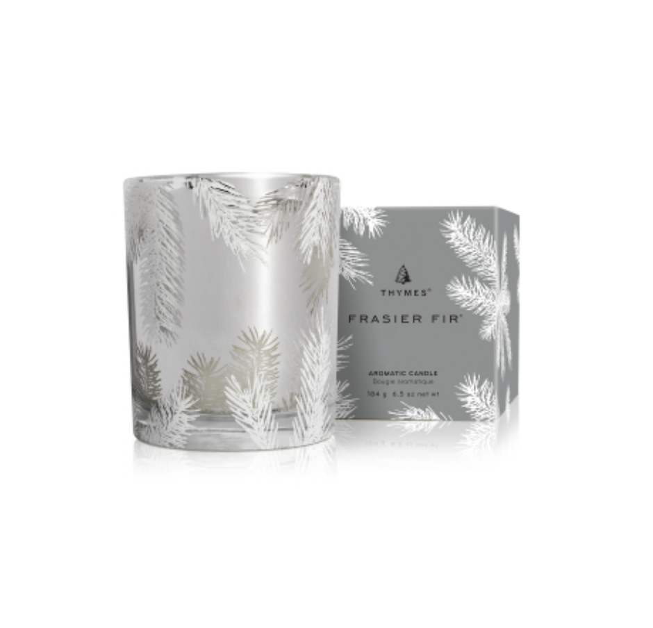 Thymes Frasier Fir Statement Poured Candle with fresh evergreen fragrance in an elegant decorative vessel, available at Be Charmed.