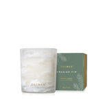 Thymes Frasier Fir candle and packaging on a white background. Available at Be Charmed