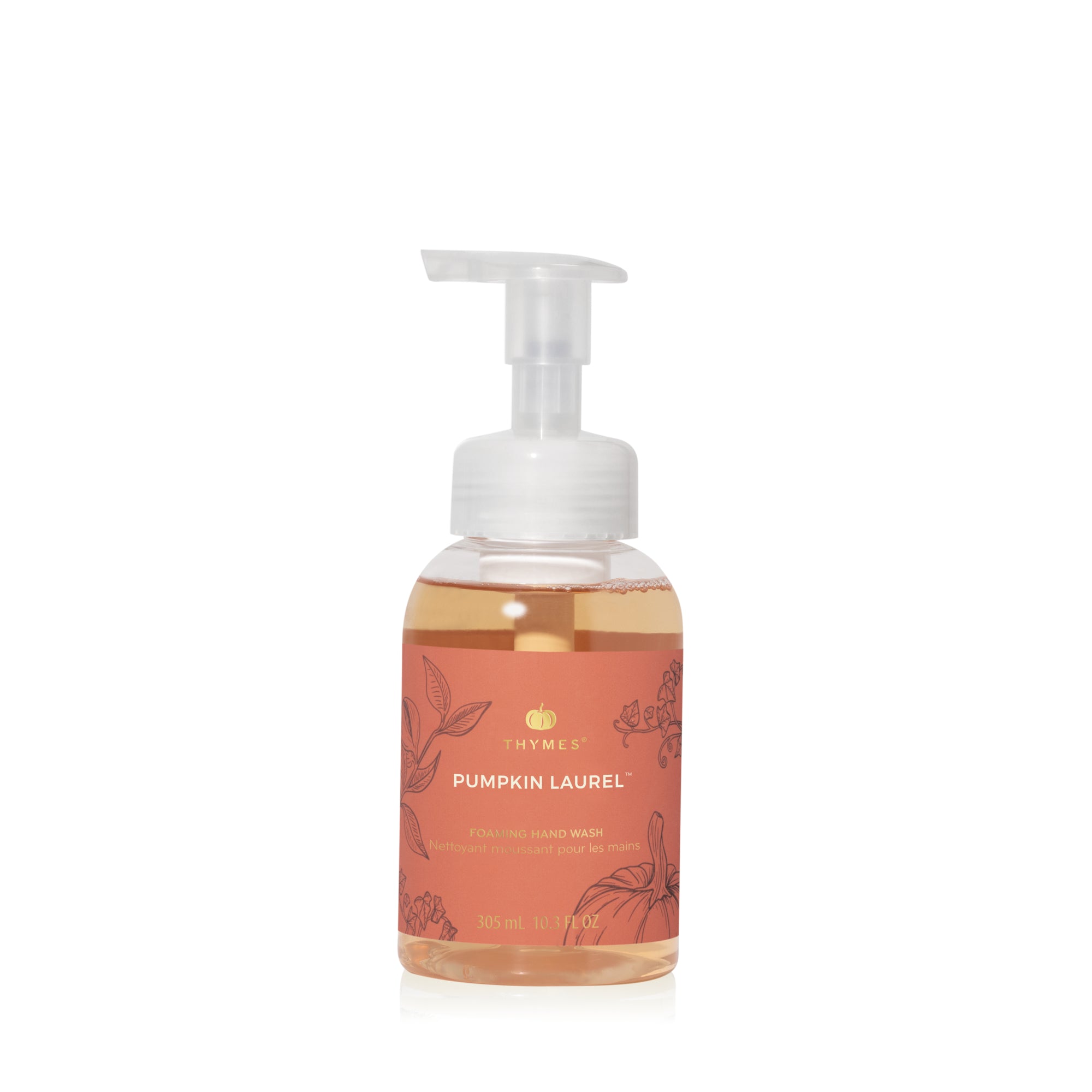 Thymes Pumpkin Laurel Foaming Hand Wash with warm fall notes of pumpkin, nutmeg, clove, and orange peel in an elegant bottle—Available at Be Charmed.