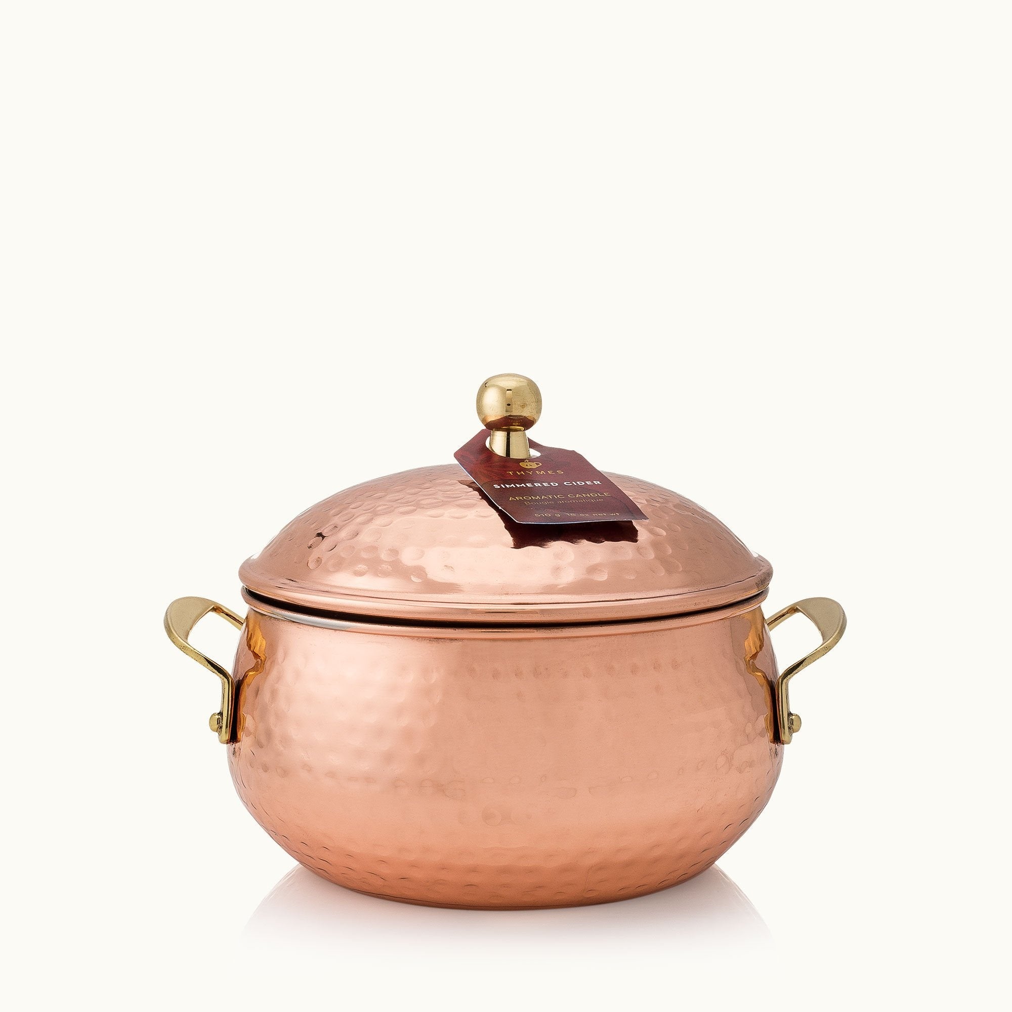 Thymes Simmered Cider 3‑Wick copper pot candle (18 oz) in hammered copper vessel—apple, clove & cardamom fragrance. Available at Be Charmed.