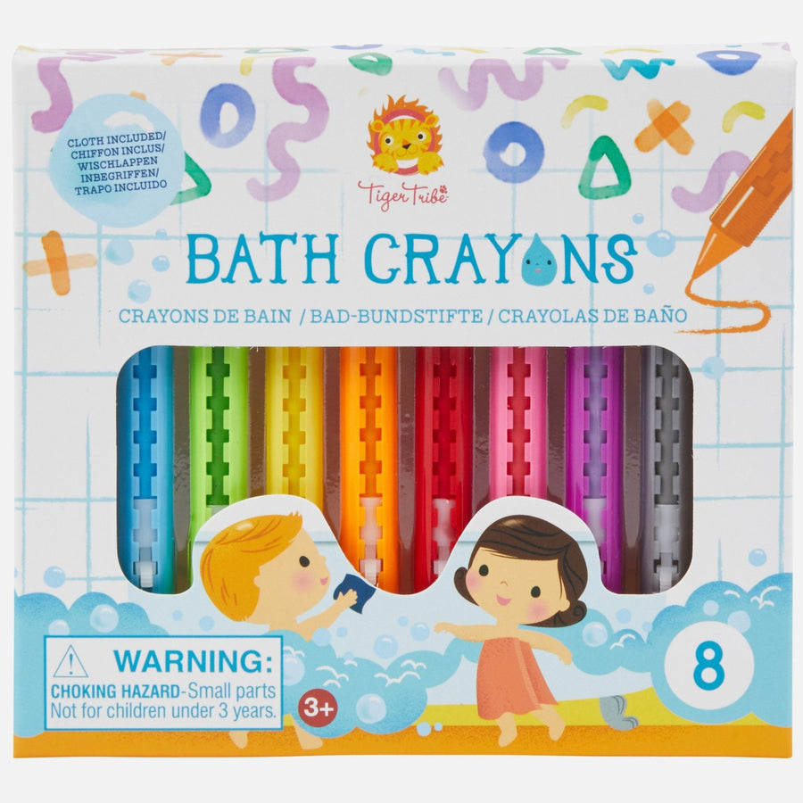 Tiger Tribe Bath Crayons set with colorful, washable crayons designed for drawing on tub walls during bath time. Safe and fun for kids. Available at Be Charmed.