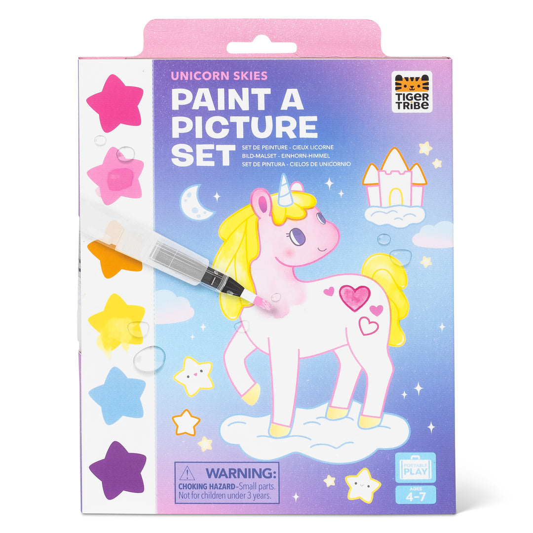 Tiger Tribe Paint a Picture Unicorn Skies art kit with watercolor paints, brush, and magical unicorn-themed painting scenes. Creative gift for kids. Available at Be Charmed.