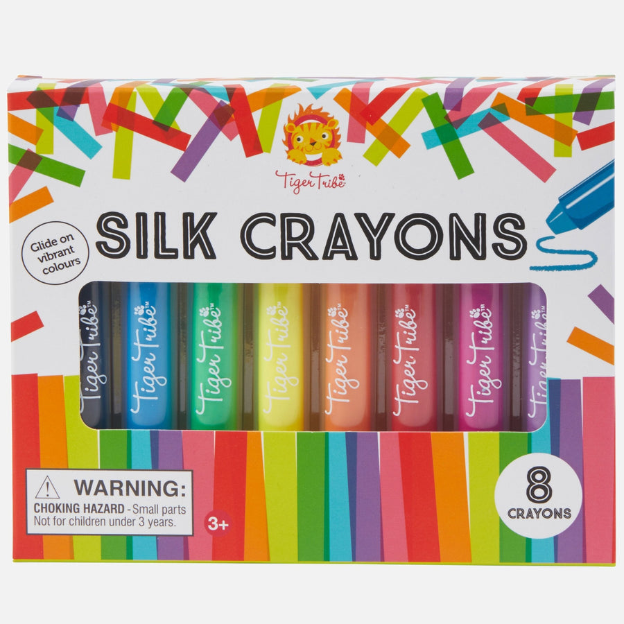 Tiger Tribe Silk Crayons kids art set featuring smooth, vibrant twist-up crayons that work like pastels and watercolors. Creative art gift. Available at Be Charmed.